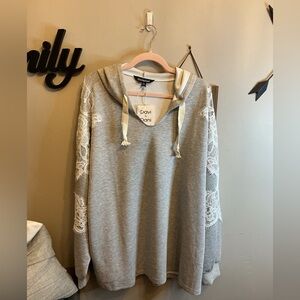 DAVI & DANI Gray Hoodie with Lace Sleeves